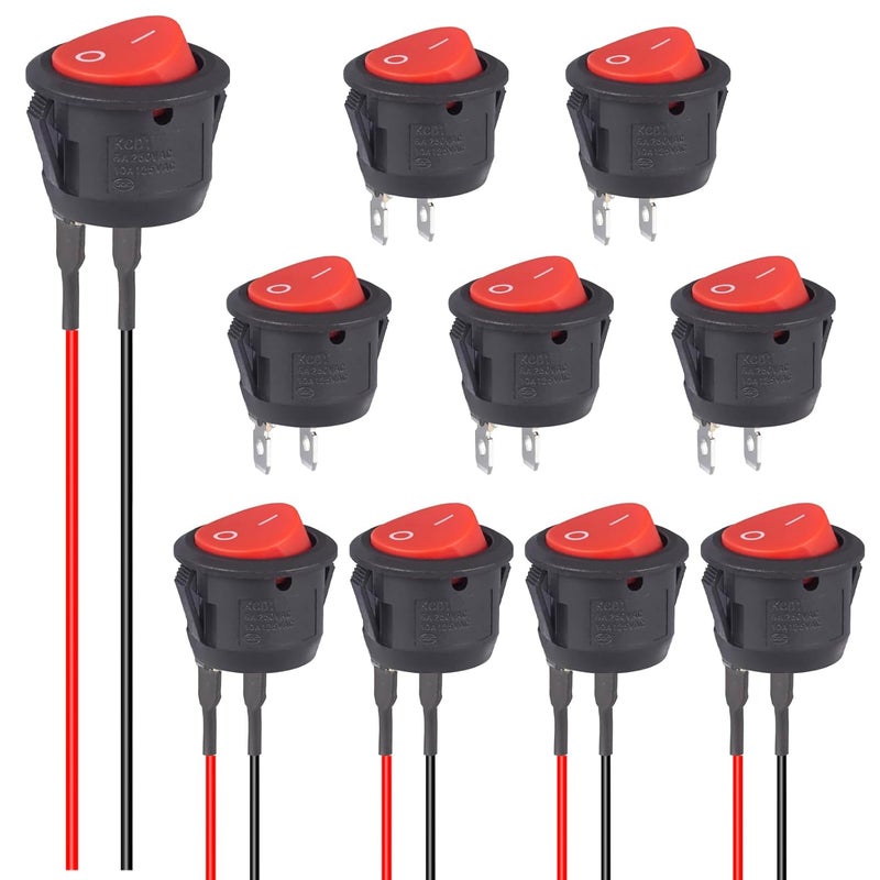 VEXUNGA Round Rocker Switch 12V ON Off Switches Small Mini 12Volt Toggle Switch 2Pin AC 6A 250V 10A 125V 12VDC KCD1 Red for Car Automotive Boat (5Pcs with Leads 5Pcs Without Wires) - Image 1